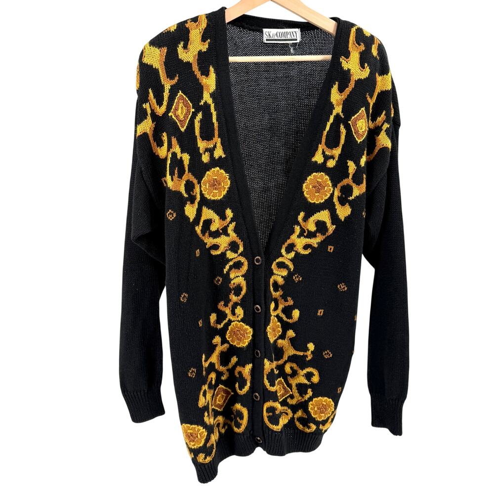 Vintage 90s SK & Company Black Gold Baroque Mobwife Button Up Cardigan Sweater